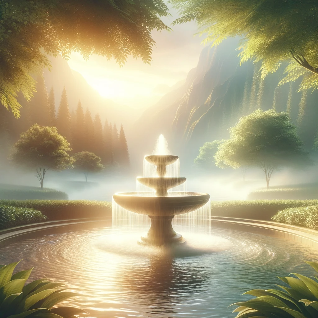 Sunlight falling over a flowing fountain in a peaceful green valley